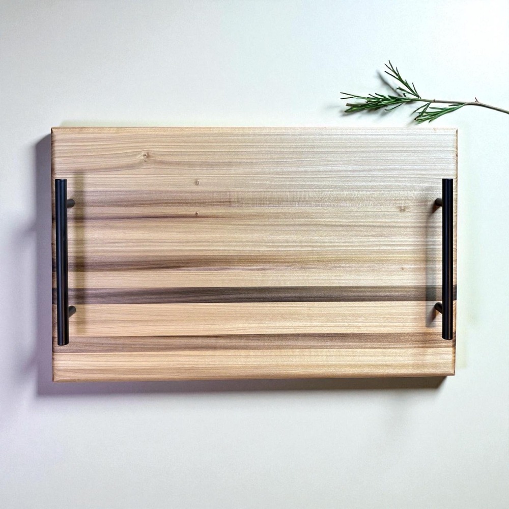 Handmade Wood Serving Tray Black Metal Handles Charcuterie Board Decor‎ Gift